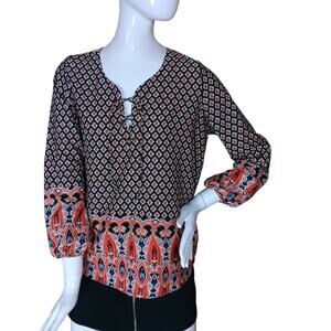 Time to Bloom Peasant Blouse Size Small Moroccan Print 3/4 Sleeves Lace Up Neck